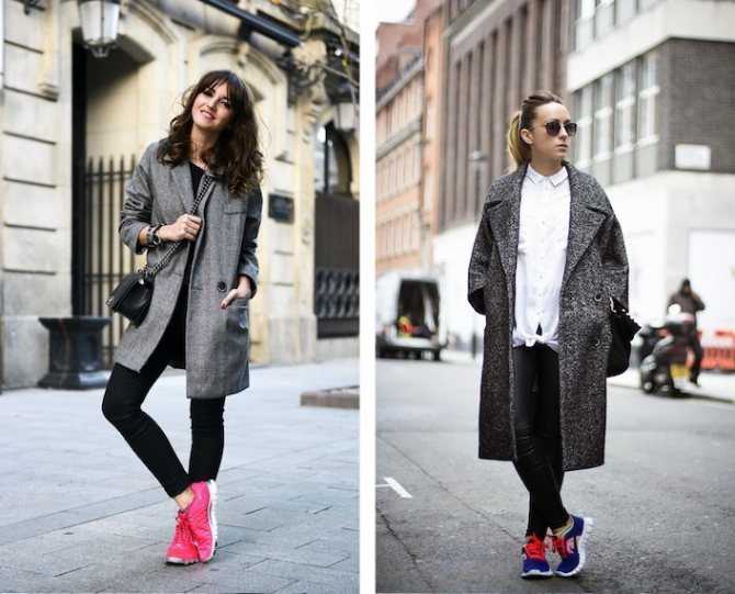 Пальто с кроссовками, правила комбинирования, модные идеи, цвета