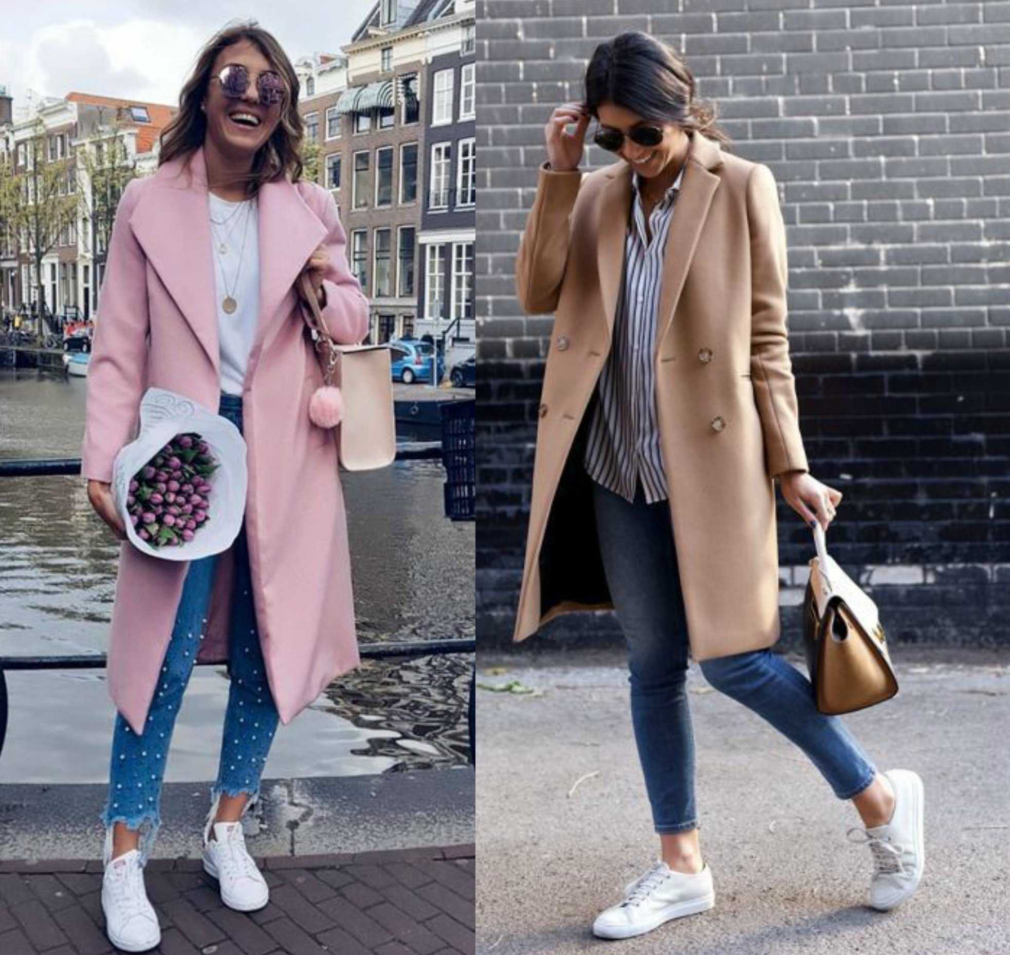 Советы, как сочетать женские пальто с кроссовками, фото примеры