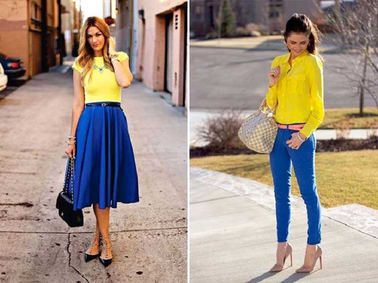 Сочетание цветов в одежде для женщин желтый с голубым