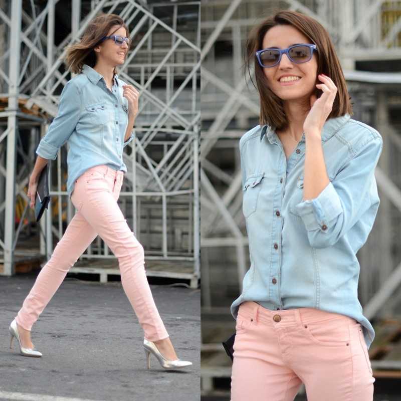 Розовая блузка с джинсами